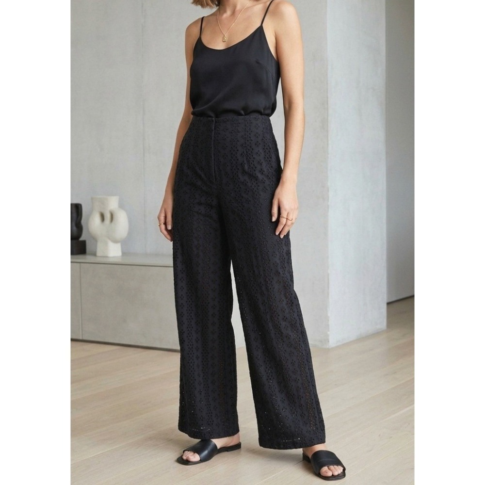 DKNY Jeans Black Eyelet‎ Wide Leg Pants High Rise Cotton Size 2
